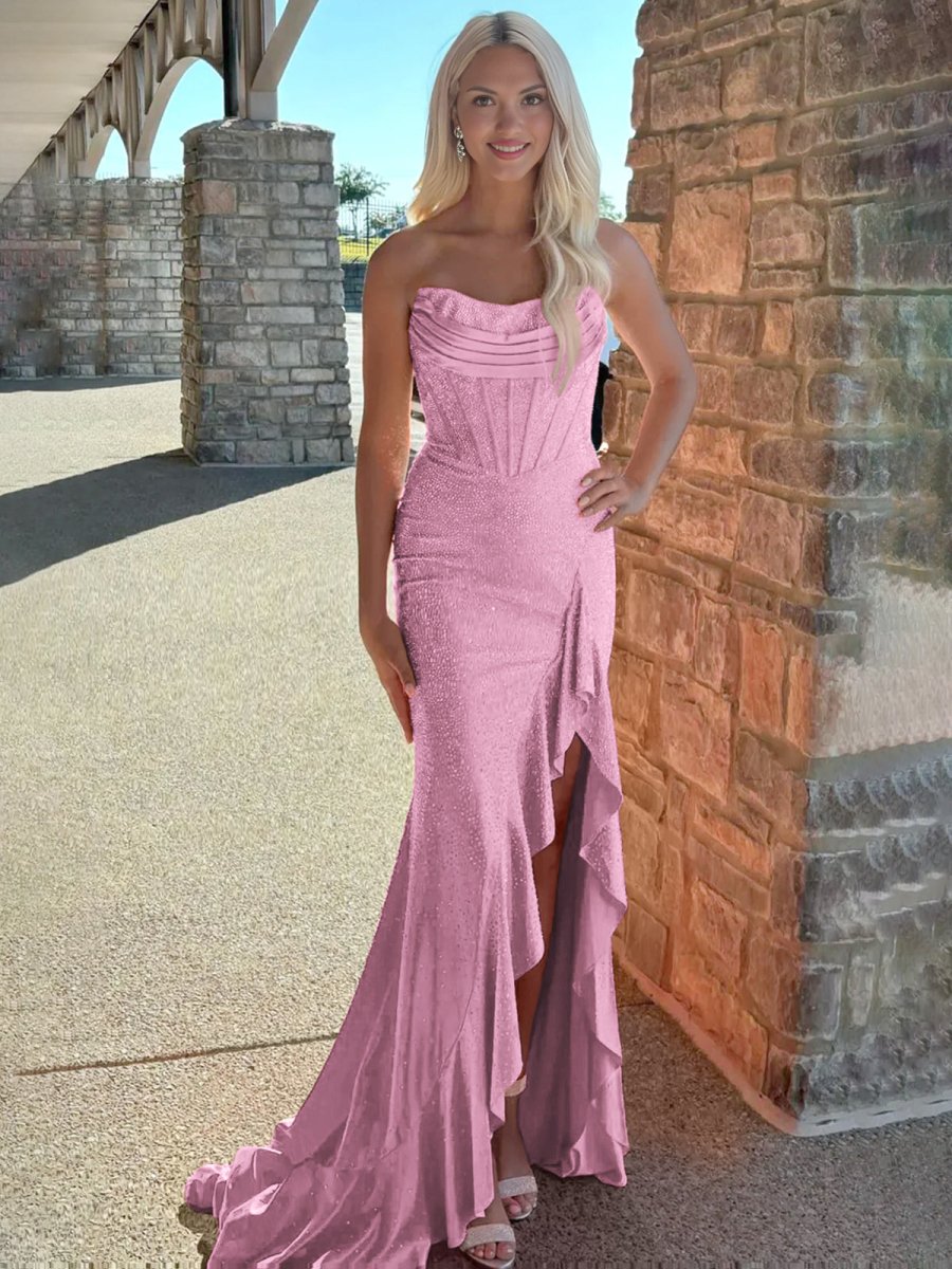 Mermaid Strapless Asymmetrical Beaded Long Prom Dress with Slit Mermaid Strapless Asymmetrical Beaded Long Prom Dress with Slit