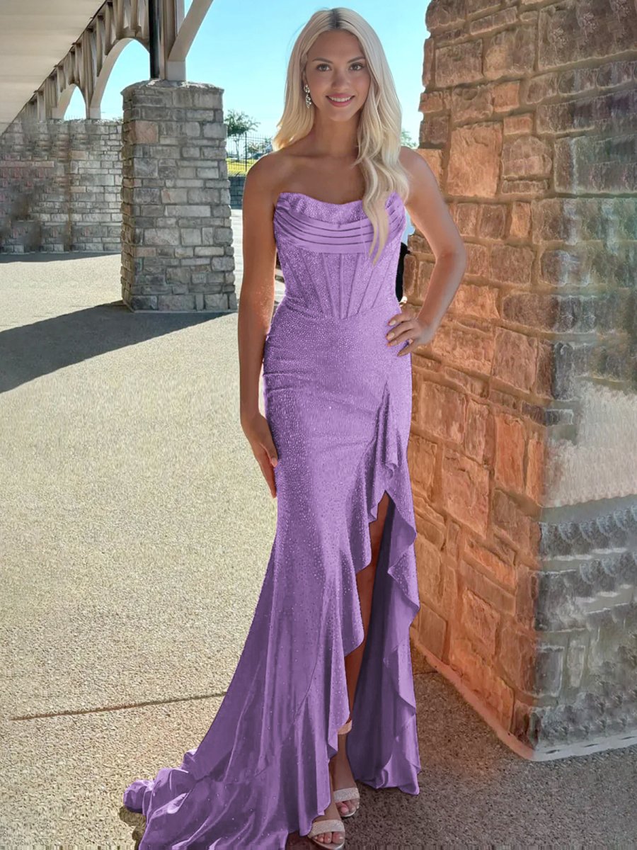 Miles | Mermaid Strapless Asymmetrical Beaded Long Prom Dress with Slit