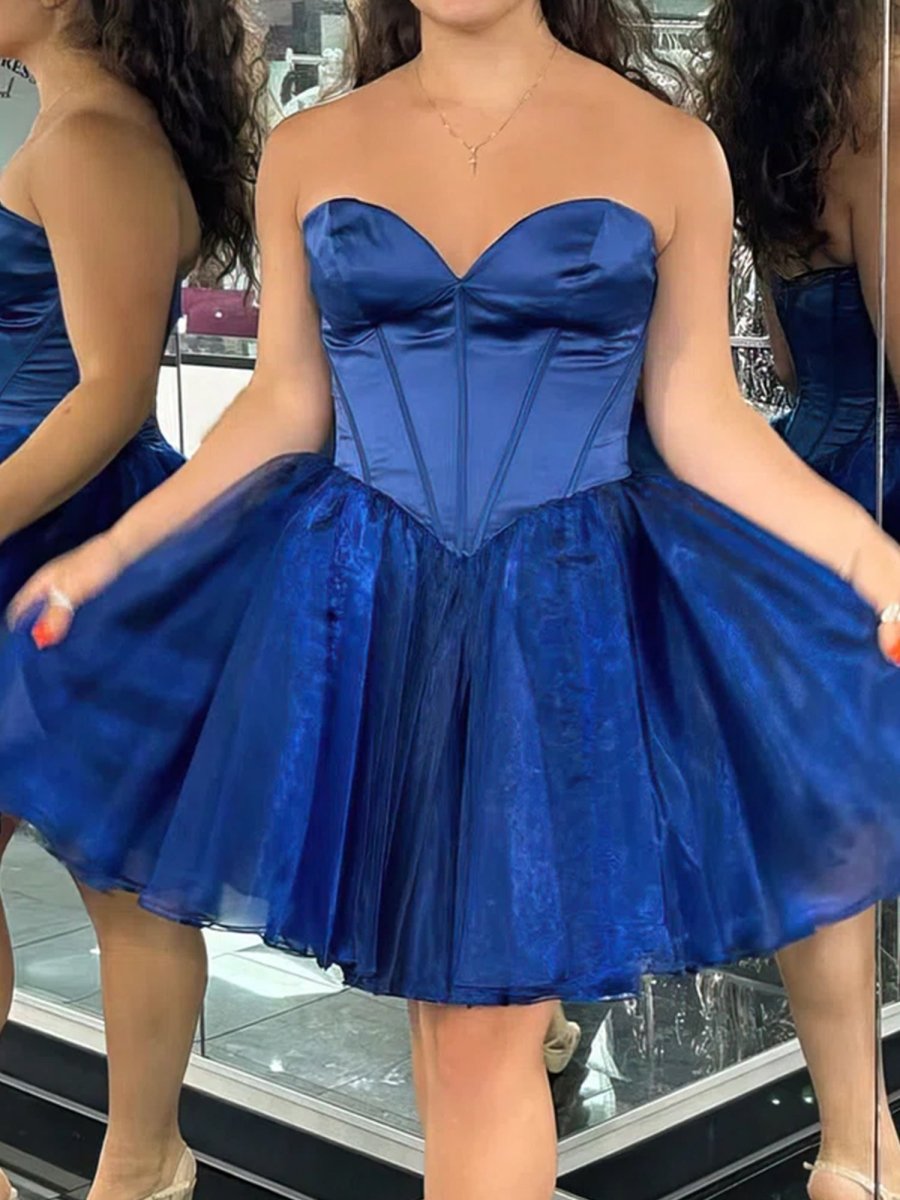 Mili | Navy Blue - A-line Sweetheart Satin Short Homecoming Dresses