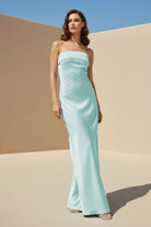 Minara | Sky Blue - Strapless Sheath Satin Pleated Open Back Long Prom Dresses - KissProm
