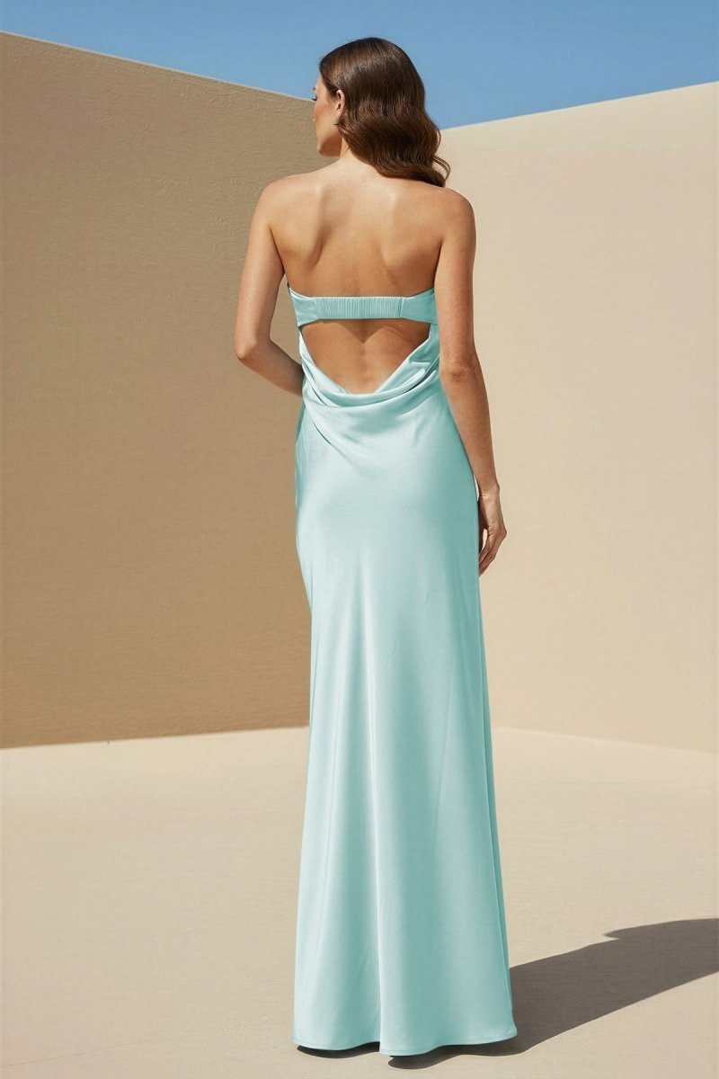 Minara | Sky Blue - Strapless Sheath Satin Pleated Open Back Long Prom Dresses - KissProm
