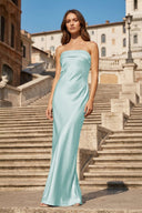 Sky Blue Strapless Sheath Satin Pleated Open Back Long Prom Dresses - KissProm