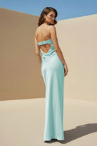 Minara | Sky Blue - Strapless Sheath Satin Pleated Open Back Long Prom Dresses - KissProm