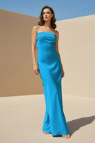 Minara | Sky Blue - Strapless Sheath Satin Pleated Open Back Long Prom Dresses - KissProm
