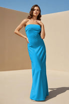 Minara | Sky Blue - Strapless Sheath Satin Pleated Open Back Long Prom Dresses - KissProm
