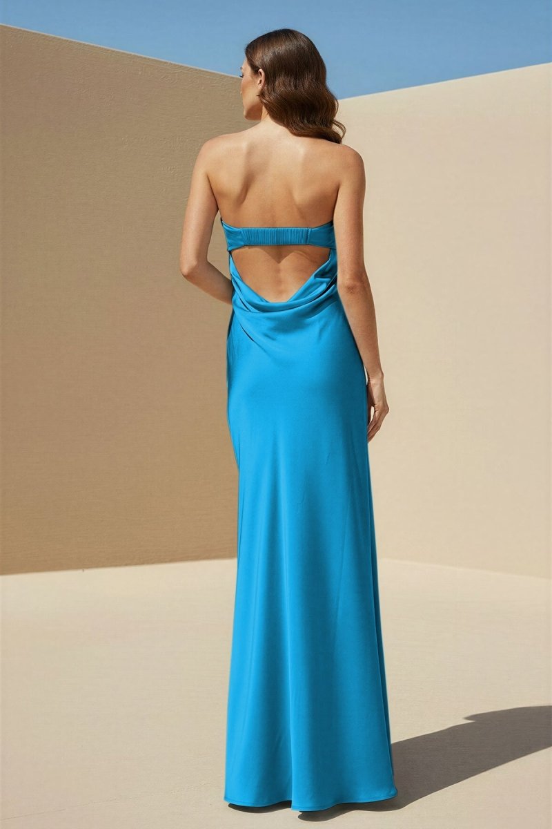 Minara | Sky Blue - Strapless Sheath Satin Pleated Open Back Long Prom Dresses - KissProm