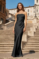 Sky Blue Strapless Sheath Satin Pleated Open Back Long Prom Dresses - KissProm
