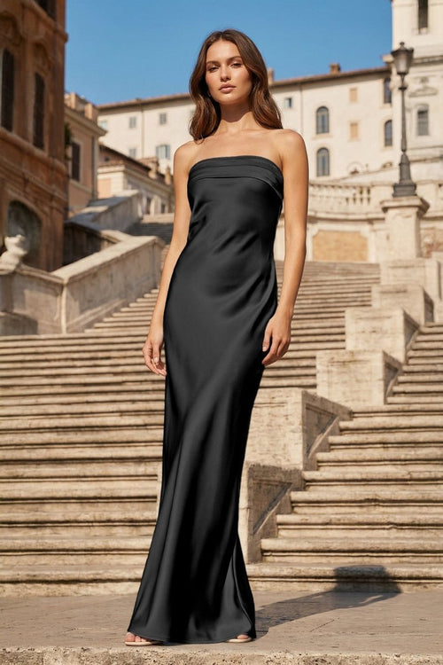 Black Strapless Sheath Satin Pleated Open Back Long Prom Dresses - KissProm