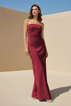 Minara | Sky Blue - Strapless Sheath Satin Pleated Open Back Long Prom Dresses - KissProm