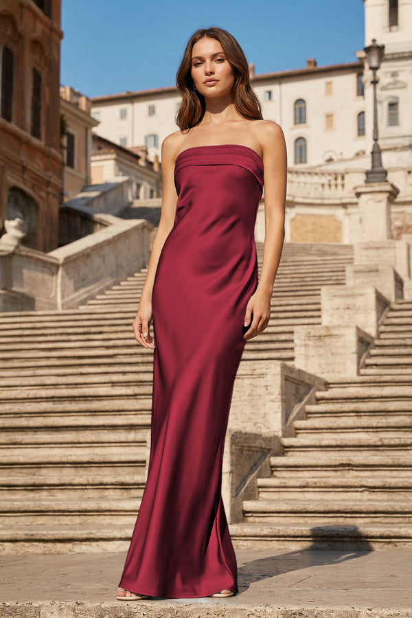 KissProm- Burgundy Strapless Sheath Satin Pleated Open Back Long Prom Dresses