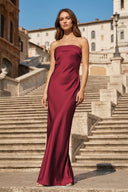 Sky Blue Strapless Sheath Satin Pleated Open Back Long Prom Dresses - KissProm
