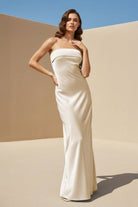 Minara | Sky Blue - Strapless Sheath Satin Pleated Open Back Long Prom Dresses - KissProm