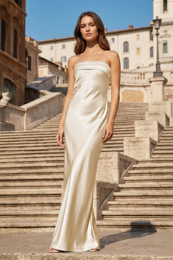 Sky Blue Strapless Sheath Satin Pleated Open Back Long Prom Dresses - KissProm