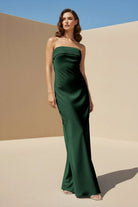 Minara | Sky Blue - Strapless Sheath Satin Pleated Open Back Long Prom Dresses - KissProm