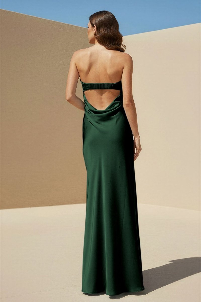 Minara | Sky Blue - Strapless Sheath Satin Pleated Open Back Long Prom Dresses - KissProm