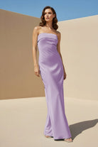 Minara | Sky Blue - Strapless Sheath Satin Pleated Open Back Long Prom Dresses - KissProm