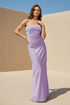 Minara | Sky Blue - Strapless Sheath Satin Pleated Open Back Long Prom Dresses - KissProm