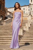 Sky Blue Strapless Sheath Satin Pleated Open Back Long Prom Dresses - KissProm