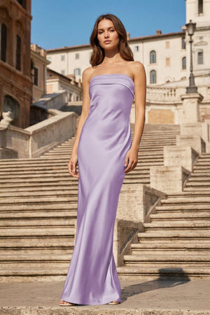 Sky Blue Strapless Sheath Satin Pleated Open Back Long Prom Dresses - KissProm
