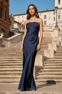 Sky Blue Strapless Sheath Satin Pleated Open Back Long Prom Dresses - KissProm