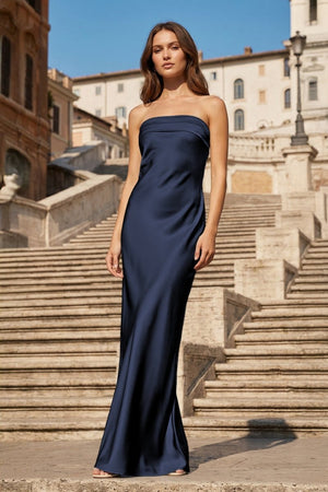 Sky Blue Strapless Sheath Satin Pleated Open Back Long Prom Dresses - KissProm