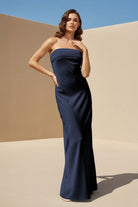 Minara | Sky Blue - Strapless Sheath Satin Pleated Open Back Long Prom Dresses - KissProm