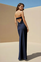 Minara | Sky Blue - Strapless Sheath Satin Pleated Open Back Long Prom Dresses - KissProm