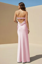 Minara | Sky Blue - Strapless Sheath Satin Pleated Open Back Long Prom Dresses - KissProm