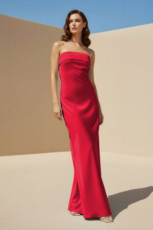 Minara | Sky Blue - Strapless Sheath Satin Pleated Open Back Long Prom Dresses - KissProm