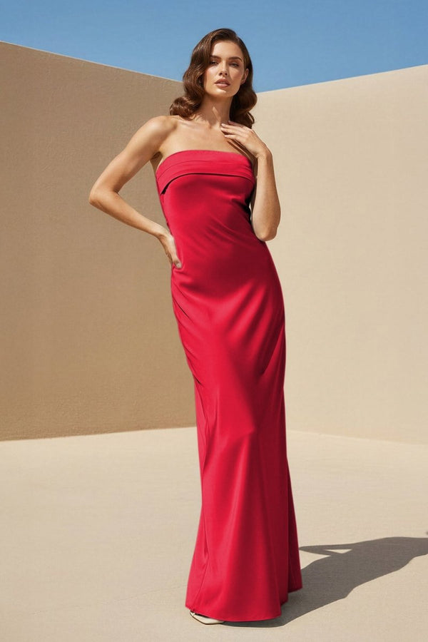 Minara | Sky Blue - Strapless Sheath Satin Pleated Open Back Long Prom Dresses - KissProm