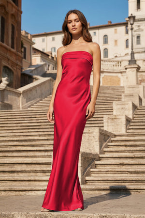 KissProm- Red Strapless Sheath Satin Pleated Open Back Long Prom Dresses