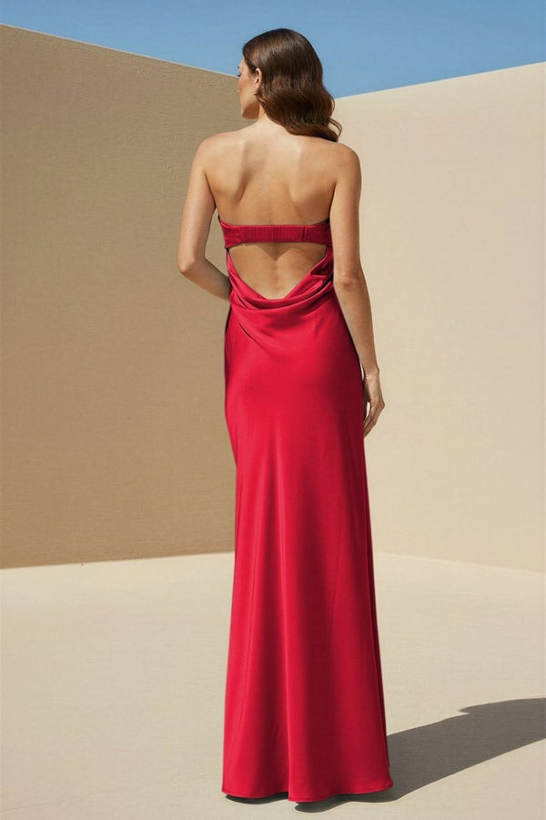 Minara | Sky Blue - Strapless Sheath Satin Pleated Open Back Long Prom Dresses - KissProm