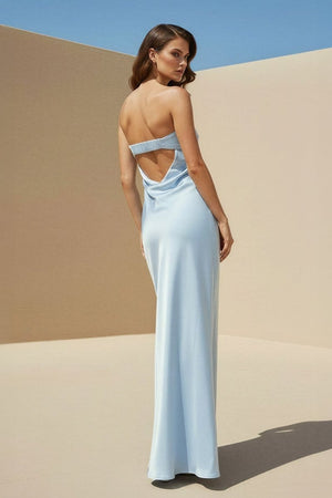 Minara | Sky Blue - Strapless Sheath Satin Pleated Open Back Long Prom Dresses - KissProm