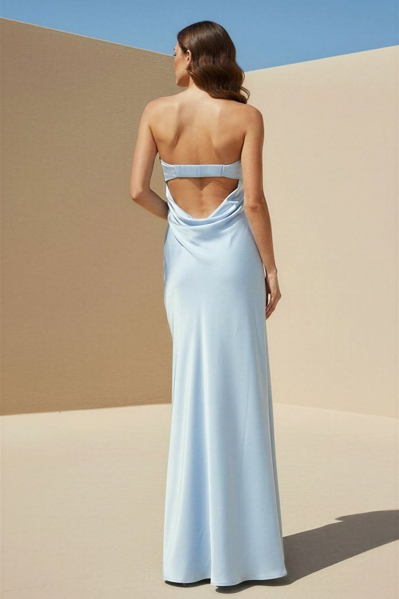 Minara | Sky Blue - Strapless Sheath Satin Pleated Open Back Long Prom Dresses - KissProm