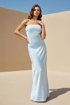 Minara | Sky Blue - Strapless Sheath Satin Pleated Open Back Long Prom Dresses - KissProm