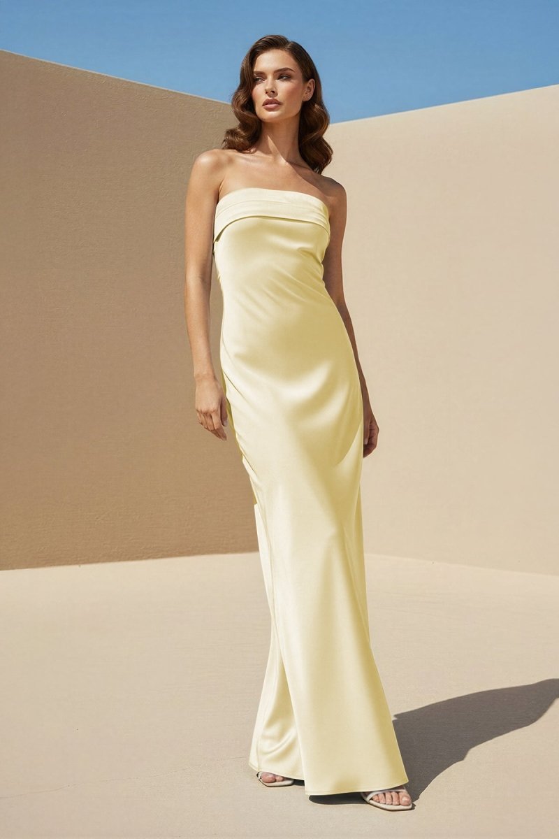 Minara | Sky Blue - Strapless Sheath Satin Pleated Open Back Long Prom Dresses - KissProm