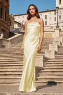 Sky Blue Strapless Sheath Satin Pleated Open Back Long Prom Dresses - KissProm