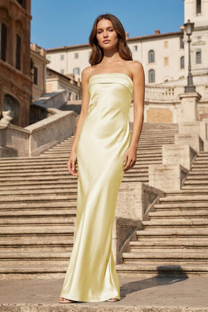 Sky Blue Strapless Sheath Satin Pleated Open Back Long Prom Dresses - KissProm