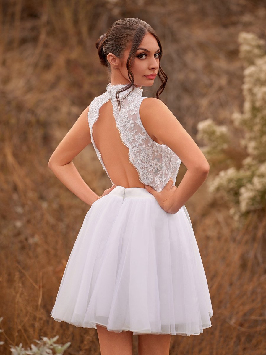white christmas dresses Blue Tulle Lace Knee Length Prom Dress, Cute Short Sleeve Evening Part main image 1