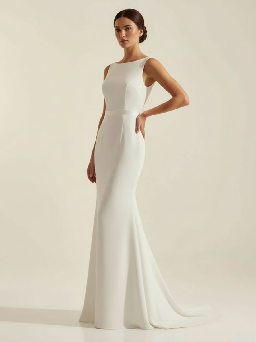 KissProm Simple Sleeveless Mermaid Wedding Dress With Sexy Bow, Champagne / 10