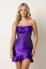 Minna | Purple - Strapless Bodycon Satin Pleated Homecoming Dresses With Beading
