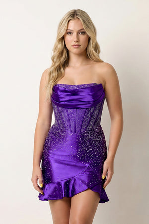 Minna | Purple - Strapless Bodycon Satin Pleated Homecoming Dresses With Beading