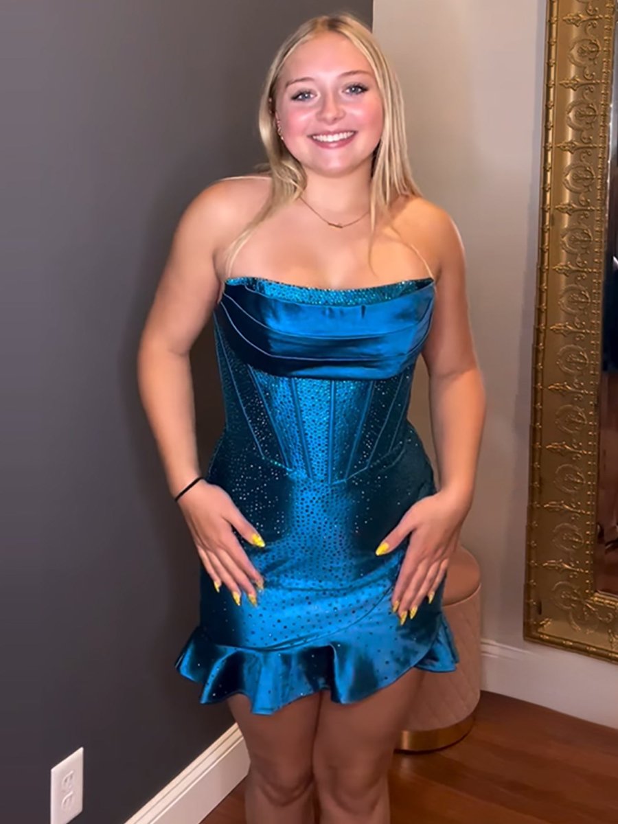 Minna | Royal Blue - Strapless Bodycon Satin Pleated Homecoming Dresses With Beading