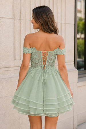 Mint Green A-Line Lace Organza Appliqued Off-the Shoulder Prom Dress (2) | KISSPROM