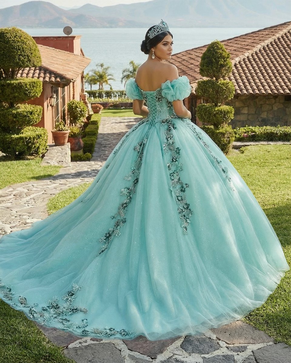 KissProm Mint Green Off Shoulder Court Train Quinceañera Dress, Mint Green / 14