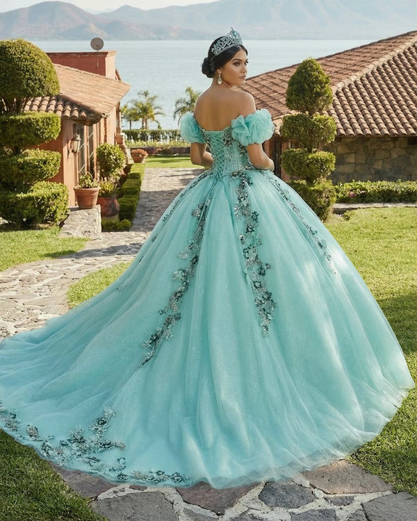 Mint Green Off Shoulder Court Train Quinceañera Dress Mint Green / 6