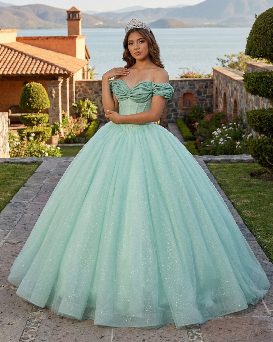 KissProm Glitter Mint Green Off The Shoulder Ball Gown Quinceanera Dresses, Mint Green / 6