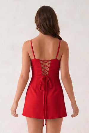 Red Spaghetti Straps Sheath Linen Mini Homecoming Dress (2) | KISSPROM