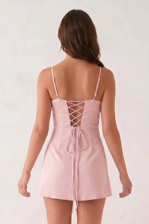 Pink Spaghetti Straps Sheath Linen Mini Homecoming Dress | KISSPROM