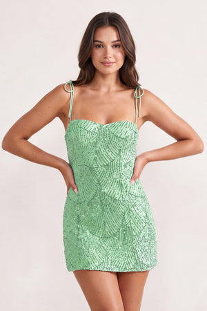 Mint Green Sparkly Sequin Sheath Bow Spaghetti Straps Homecoming Dress (3) | KISSPROM